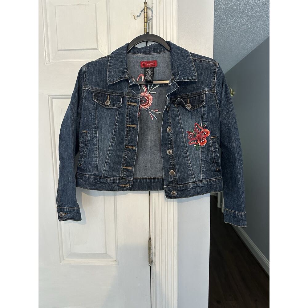 Arizona Girls Vintage 90s Embroidered Butterfly Floral Blue Denim Jacket Size M